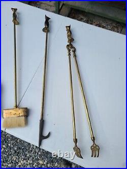 Fox Handle Brass Fireplace Tool Set 5 piece set Vintage Antique Mcm See Details