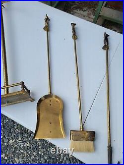 Fox Handle Brass Fireplace Tool Set 5 piece set Vintage Antique Mcm See Details