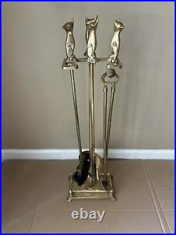 Fox Handle Brass Fireplace Tool Set 5 piece set Vintage Antique Mcm See Details