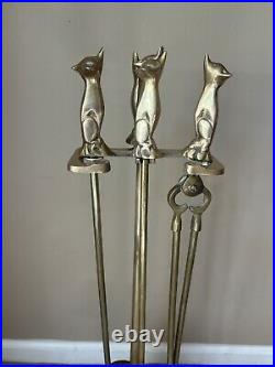 Fox Handle Brass Fireplace Tool Set 5 piece set Vintage Antique Mcm See Details