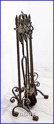 French Art Deco Hand Forged Wrought Iron Andiron Fireplace Tool Set and Screen