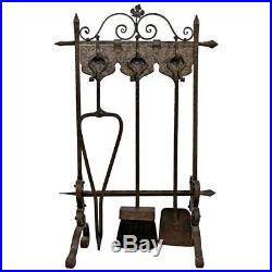 French Art Deco Hand Forged Wrought Iron Fireplace Tool Set