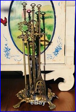 French Brass Fireplace Tool Set Hunting Theme Game, Rifle, Dog