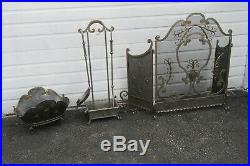 French Fleur de Lis Vintage Set of Fireplace Screen Wood Holder and Tools 9944