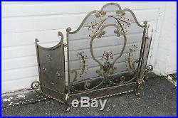 French Fleur de Lis Vintage Set of Fireplace Screen Wood Holder and Tools 9944