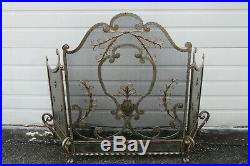 French Fleur de Lis Vintage Set of Fireplace Screen Wood Holder and Tools 9944