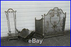 French Fleur de Lis Vintage Set of Fireplace Screen Wood Holder and Tools 9944