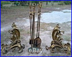 French Rococo Regency Brass Fireplace Tool Set Andirons Acanthus Firedogs