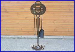 German Arts & Crafts GOBERG Riveted Wrought Iron Fireplace Hearth Tool set c1900