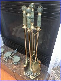 Gorgeous Solid Brass / Green Marble Fireplace Tool Set of 4 pieces