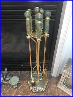 Gorgeous Solid Brass / Green Marble Fireplace Tool Set of 4 pieces