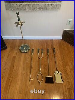 Gorgeous Solid Brass / Green Marble Fireplace Tool Set of 4 pieces