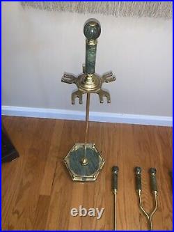 Gorgeous Solid Brass / Green Marble Fireplace Tool Set of 4 pieces