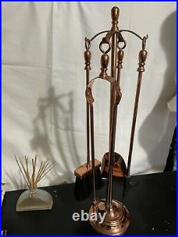 Gorgeous Very Rare Unused Vintage Solid Copper Fireplace Tool Set 4 Pices 24