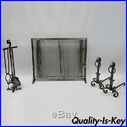 Gothic Arts & Crafts Fireplace Set Tools Screen Pair Andirons Mantle Iron Scroll