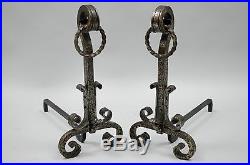Gothic Arts & Crafts Fireplace Set Tools Screen Pair Andirons Mantle Iron Scroll