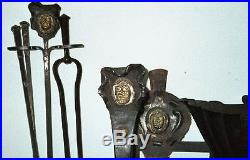 Gothic Fireplace Tools Set Antique Rare c 1890 Large Hand Wrought Iron 10 Piece