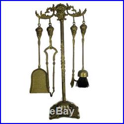 Gothic Superb Brass Fireplace Set Tools Vintage 4 Pieces Ornate Mythical figures