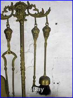 Gothic Superb Brass Fireplace Set Tools Vintage 4 Pieces Ornate Mythical figures