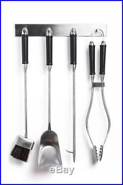 HANSA PREMIUM Leather Handles Fireplace Tools Set (4 parts) Wall STAINLESS STEEL