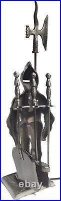 HAUMETAL Knight Templar Cast Iron Fireplace Tool Set, Medieval Knight Fireplace T