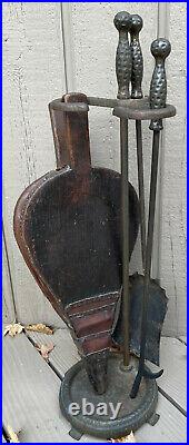 Hammered Early 20th Century Fireplace Tools Set with 18th 19th Century Bellows