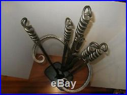 Hand Forged Fireplace 4 Pieces Tool Set Stove Handmade 1999 All Pieces marked PF
