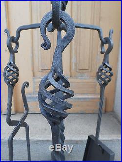 Hand Forged Fireplace Tool Set 4 Pieces Handmade Wrought Iron 81cm 32 inch High