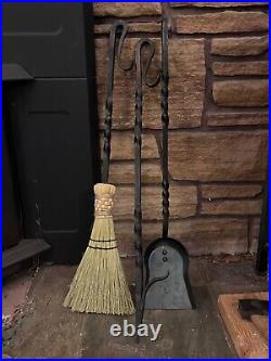 Hand Forged Fireplace Tool Set, Poker, Shovel, Brush, Hooks Blacksmith Made