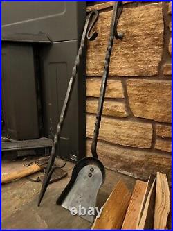 Hand Forged Fireplace Tool Set, Poker, Shovel, Brush, Hooks Blacksmith Made