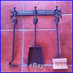 Hand Forged Fireplace Tools 4 Pieces Set Wall Hanging Wall Mounted Handmade