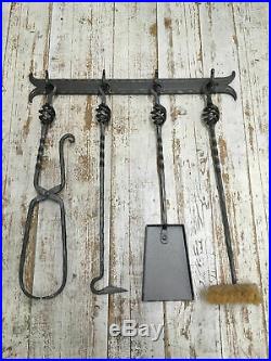 Hand Forged Fireplace Tools 4 Pieces Set Wall Hanging Wall Mounted Handmade