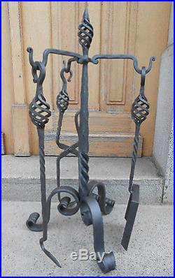 Hand Forged Fireplace Tools Set 4 Pieces Handmade Wrought Iron 81cm 32 inch High