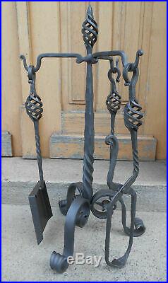 Hand Forged Fireplace Tools Set 4 Pieces with Pedestal 68cm 27inch Handmade