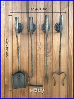Hand Forged Iron Compact Fireplace Tool Set Poker Tongs Shovel Broom Stand Hook