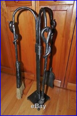 Hand Forged Iron Fireplace Tool Set Signed 30.5 Tall 4 Pieces