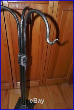 Hand Forged Iron Fireplace Tool Set Signed 30.5 Tall 4 Pieces
