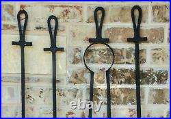 Hand Forged Wrought Iron Vintage Heavy Duty Fireplace Tools 42 Set of 4 Plus Ho