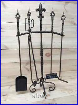 Handmade fireplace tools set 5 pcs Poker Tongs Shovel Broom Stand Hand Forged