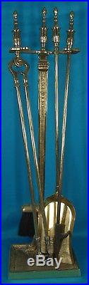Heavy Solid Brass Fireplace 5 Piece Tool Set Stand, Tongs, Shovel, Poker, Broom