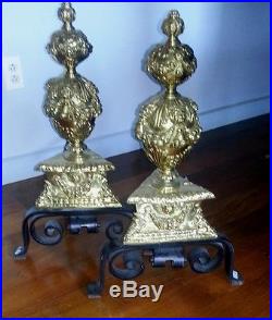 Important & Substantial Antique Andirons Dogs Set & Fireplace Tool Set, Brass