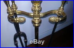 Important & Substantial Antique Andirons Dogs Set & Fireplace Tool Set, Brass