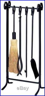 Inline Fireplace Tool Tools Set Stand Poker Brush Log Lift Wrought Iron Black