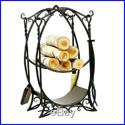 Iron Fireplace Rack & Tools Stylish Hearth 5 Pcs Country Accent Set Wood Shelves