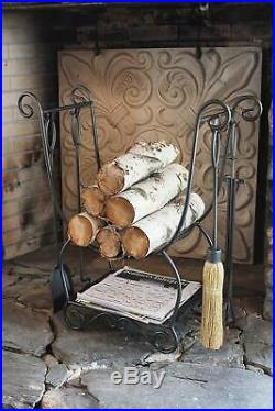 Iron Fireplace Wood Stove Log Holder Stand 4 Tools Set Hooks Bottom Shelf Poker