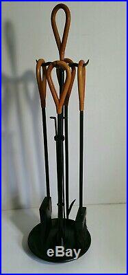 JACQUES ADNET Style Fireplace Tools Set Leather Handles Art Deco MCM