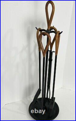 Jacques Adnet Style Leather and Iron Fireplace 5 Piece Set