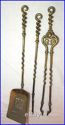 LARGE antique 1800s Dutch farm ornate gilt bronze brass fireplace tool poker set