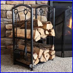 LOG HOLDER FIREPLACE TOOL SET Black Steel Shovel Poker Brush Tongs Stand 5-Piece