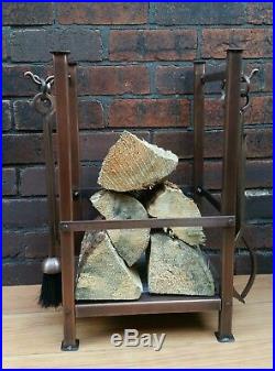 LOG Holder with Companion Set Aged Copper Finish Fireside Hearth Display Tools
